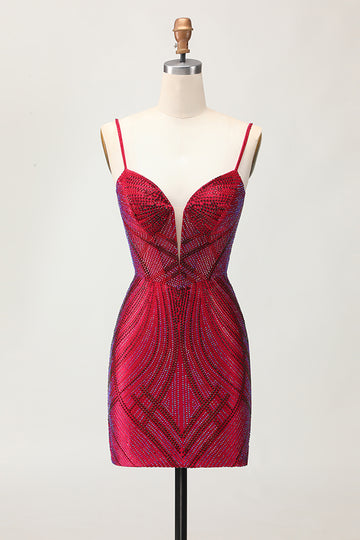 Sparkly Burgundy Bodycon Spaghetti Straps Short Homecoming Dress with Beading